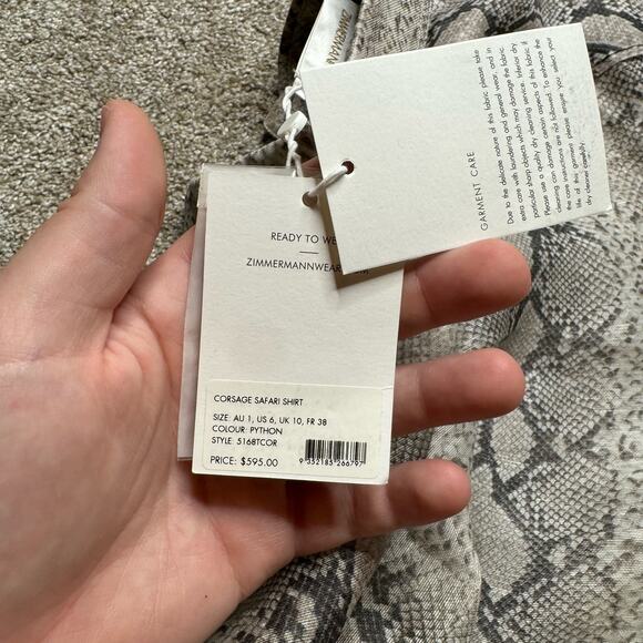 Zimmermann Beige Snake Printed Linen & Silk Corsage Safari Shirt Size 6 NWT - Picture 7 of 8